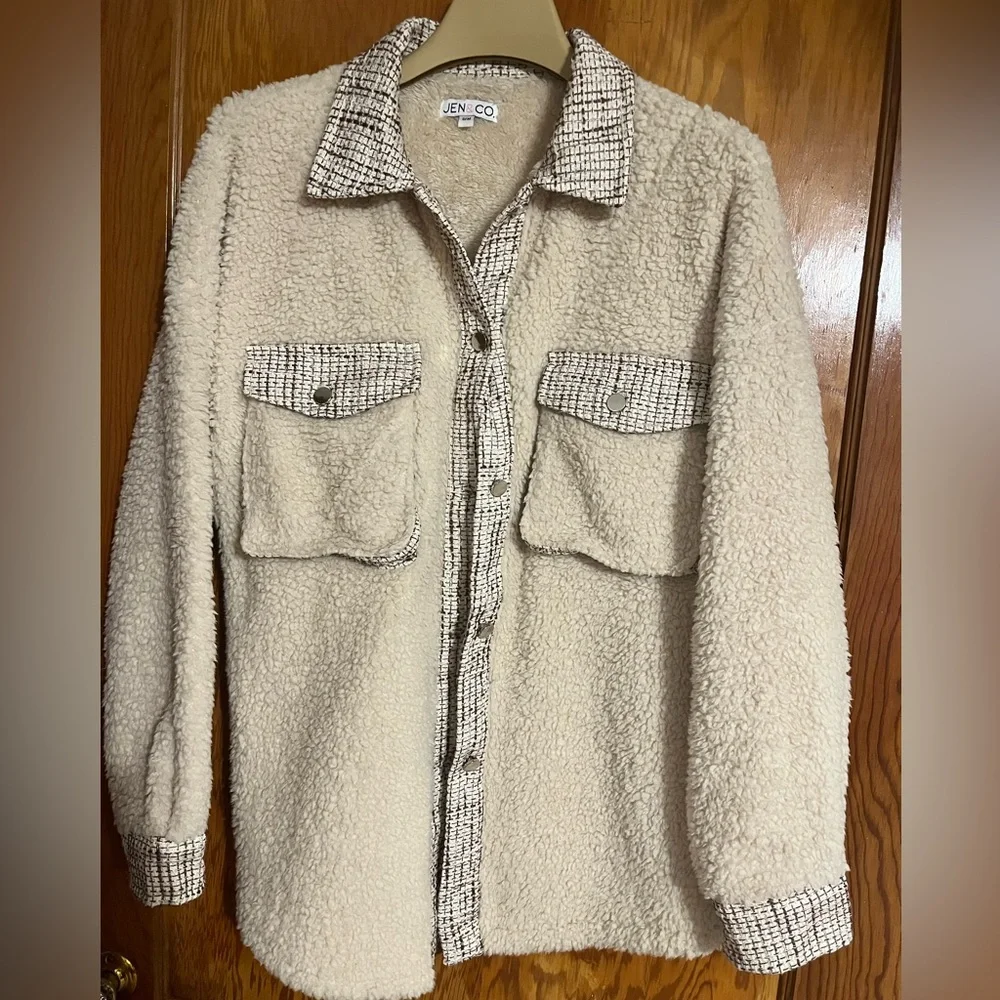 Cream Sherpa Jacket with Plaid Accents - Picture 1 of 6